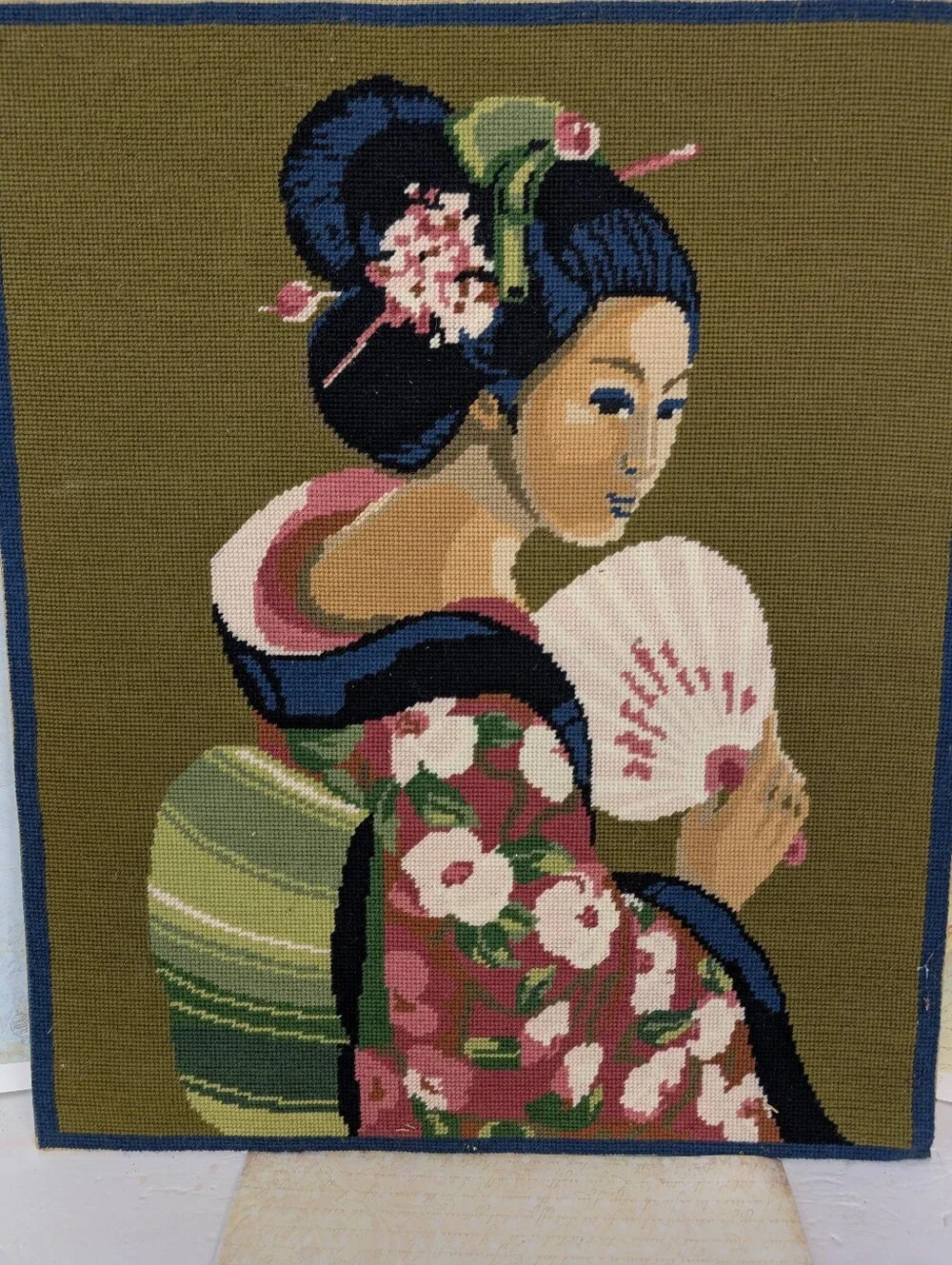 Vintage Asian Geisha Needlepoint Wall Art in Olive, Pink, Green
